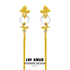1ST XULIE "Whiterfly" Statement Butterfly Wing Tassel Earrings in 24K Gold Plated with White Chalcedony - Product View
