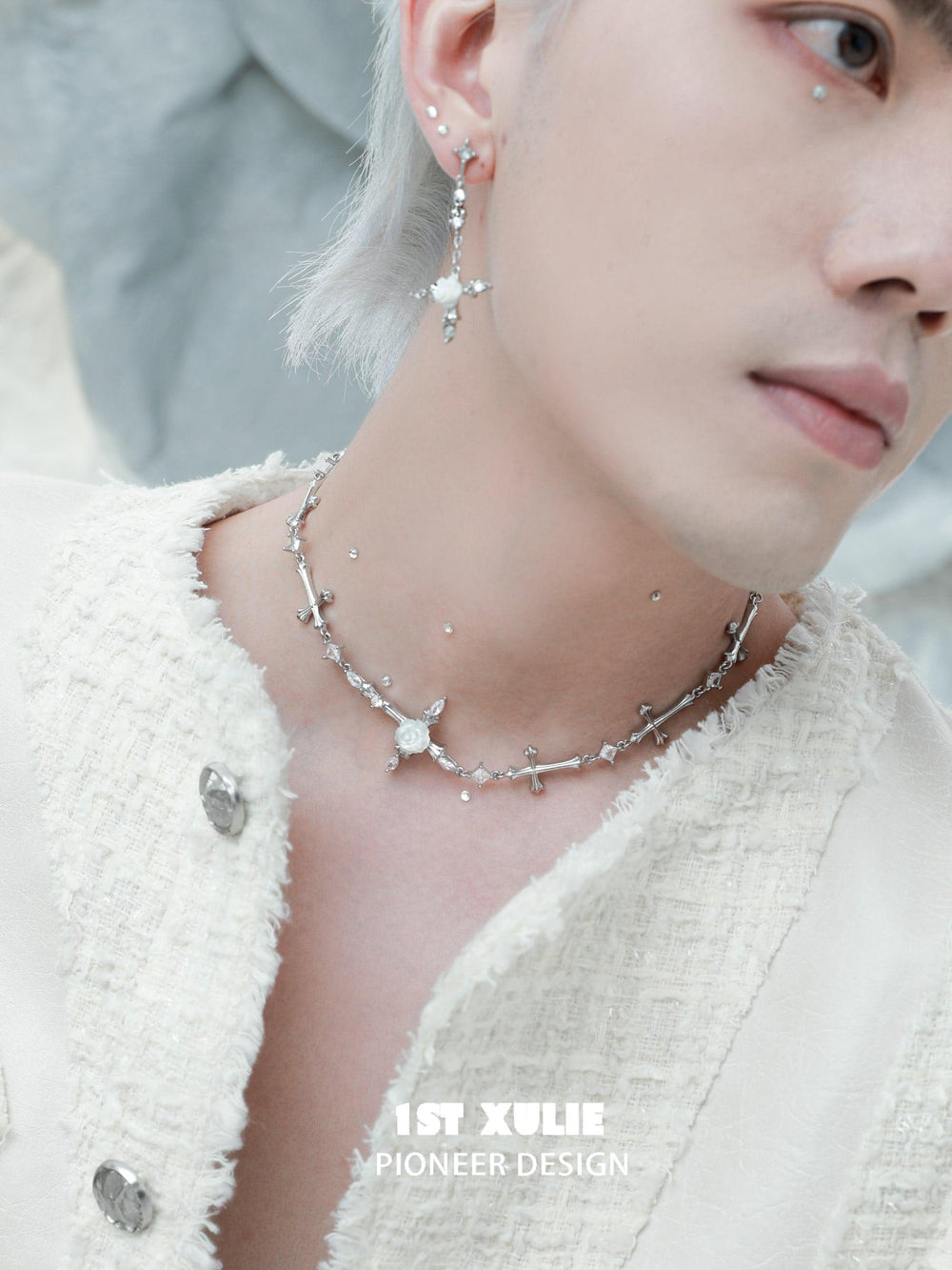 1ST XULIE "Rose Believer" Statement Camellia Cross Pendant Necklace in Platinum Plated - Angled View