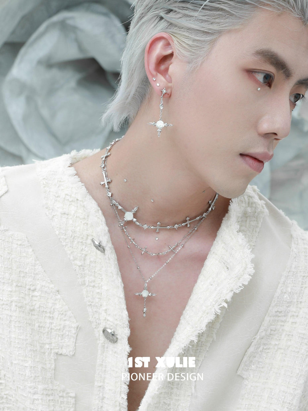 1ST XULIE "Rose Believer" Statement Camellia Cross Pendant Necklace in Platinum Plated - Detail Shot