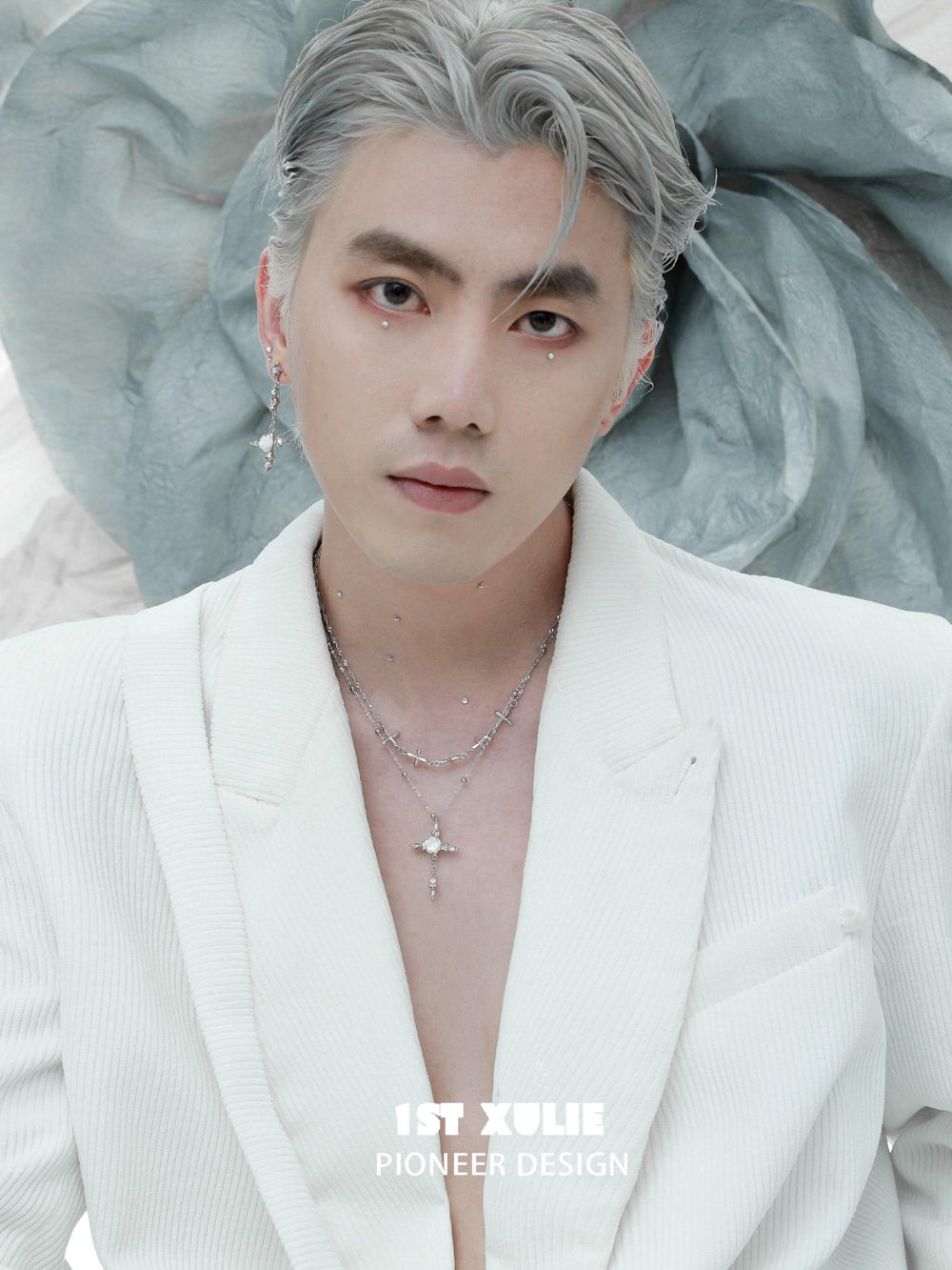 1ST XULIE "Rose Believer" Statement Camellia Cross Pendant Necklace in Platinum Plated - Lifestyle Shot