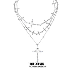 1ST XULIE "Rose Believer" Statement Camellia Cross Pendant Necklace in Platinum Plated - Product View