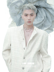 1ST XULIE "Rose Believer" Statement Camellia Cross Pendant Necklace in Platinum Plated - On Model