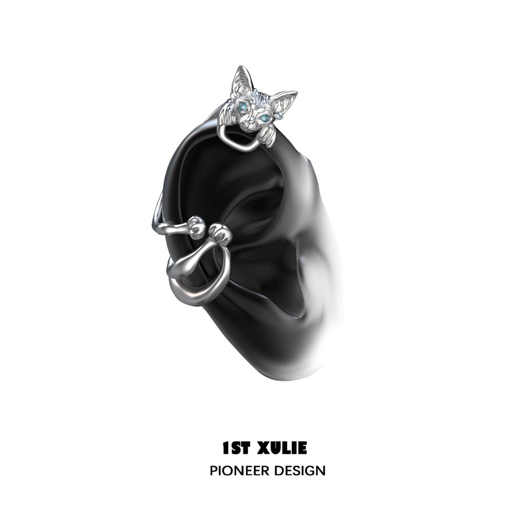 1ST XULIE "Cat's Gaze" Statement Cat Head Ear Wraps in Platinum Plated - On Model