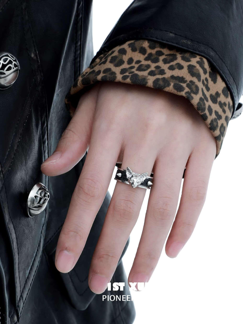 1ST XULIE "Cat's Gaze" Statement Cat Head Leather Ring in Platinum - Angled Product View