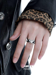1ST XULIE "Cat's Gaze" Statement Cat Head Leather Ring in Platinum - Angled Product View
