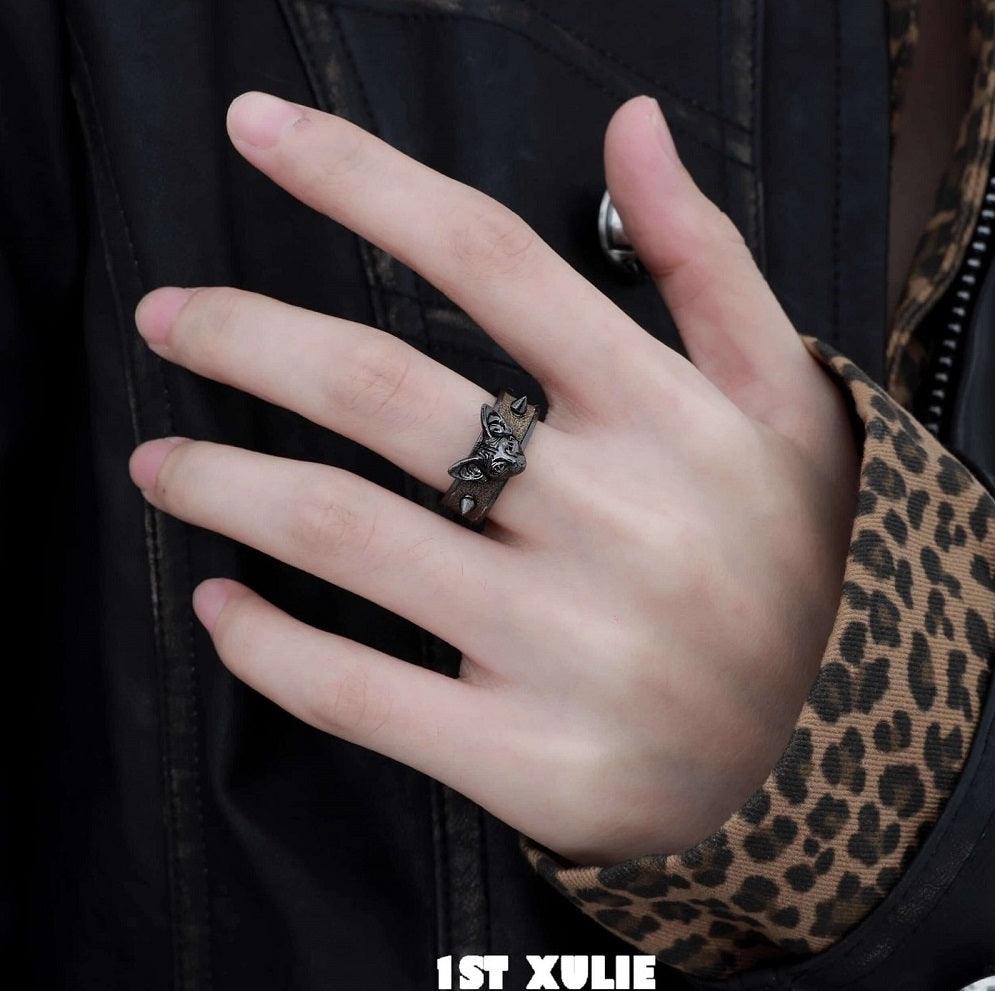 1ST XULIE "Cat's Gaze" Statement Cat Head Leather Ring in Platinum - On Model