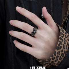 1ST XULIE "Cat's Gaze" Statement Cat Head Leather Ring in Platinum - On Model