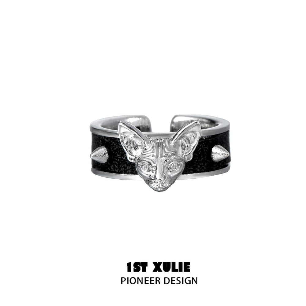 1ST XULIE "Cat's Gaze" Statement Cat Head Leather Ring in Platinum - On Model Close-up