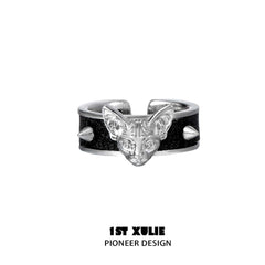 1ST XULIE "Cat's Gaze" Statement Cat Head Leather Ring in Platinum - On Model Close-up