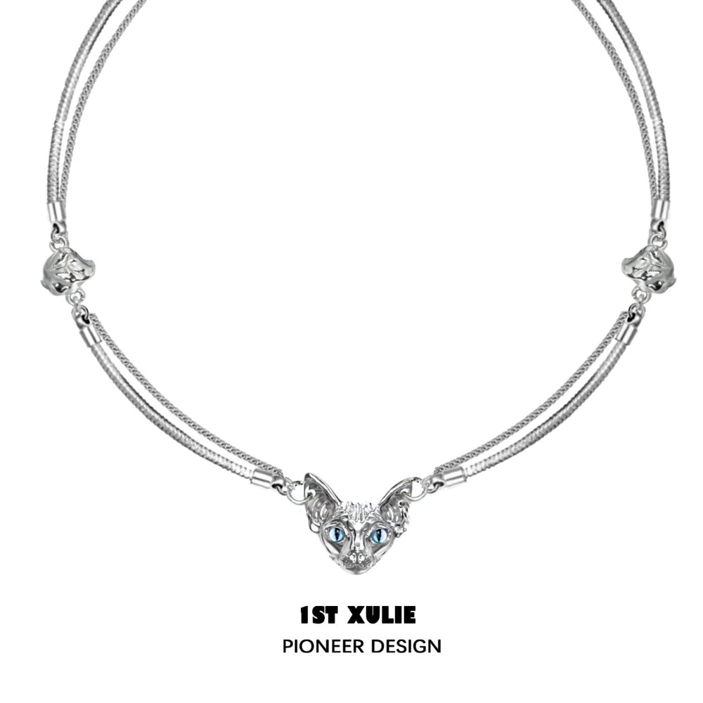 1ST XULIE "Cat's Gaze" Statement Cat Head Pendant Choker in Platinum Plated Brass - Detail Shot