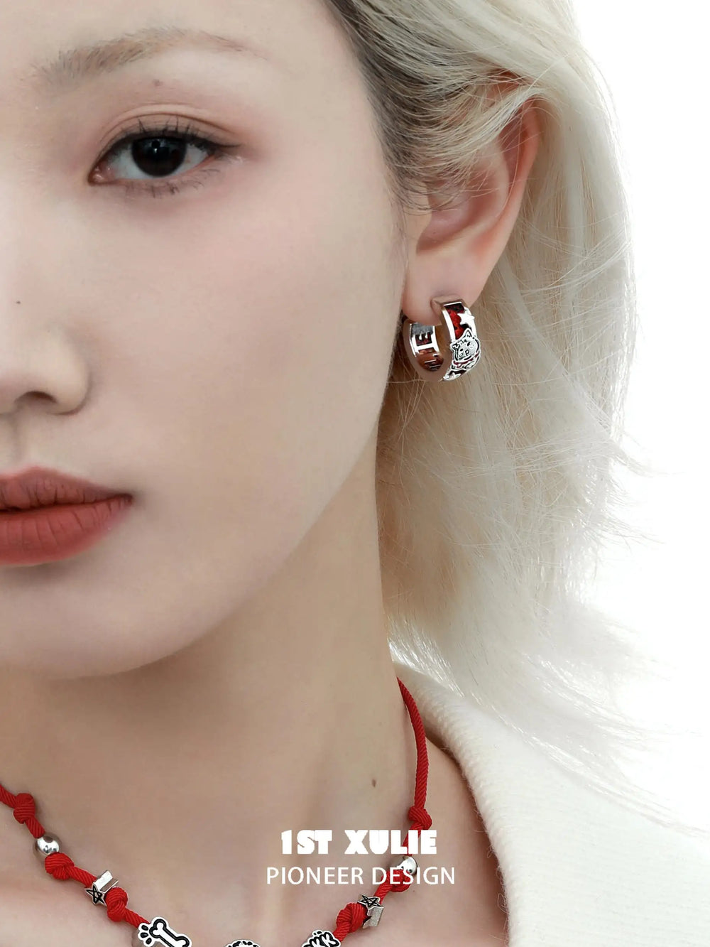1ST XULIE "Graffiti Kitten Spring Festival" Statement Circle Stud Earrings in Platinum Plated Brass - Angle View