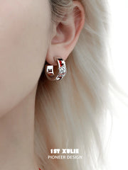1ST XULIE "Graffiti Kitten Spring Festival" Statement Circle Stud Earrings in Platinum Plated Brass - Detail Shot