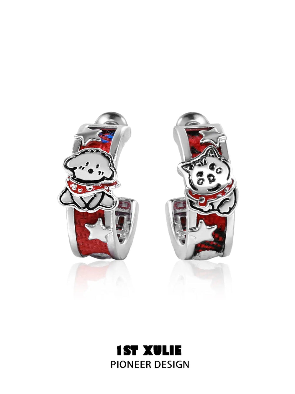 1ST XULIE "Graffiti Kitten Spring Festival" Statement Circle Stud Earrings in Platinum Plated Brass - Product View