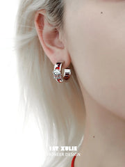 1ST XULIE "Graffiti Kitten Spring Festival" Statement Circle Stud Earrings in Platinum Plated Brass - On Model