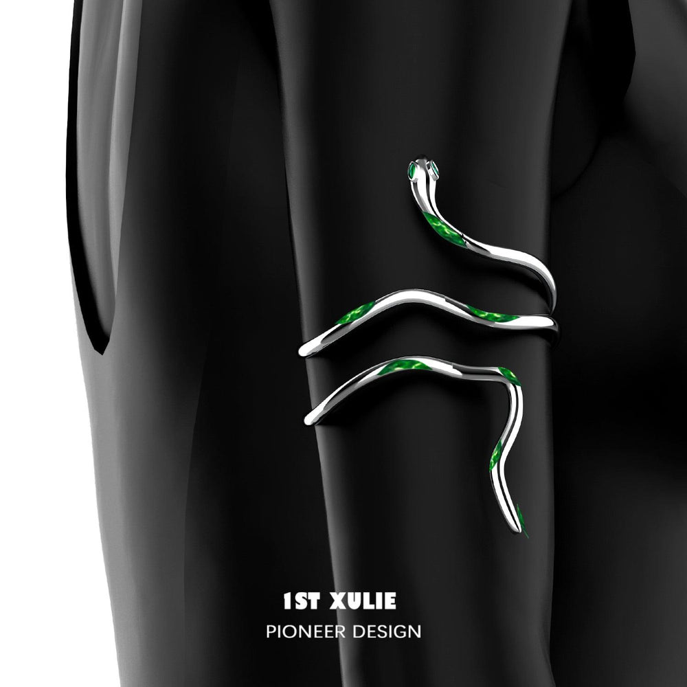 1ST XULIE "Slytherin House" Platinum Plated Statement Coiled Snake Arm Cuff - On Model Side View