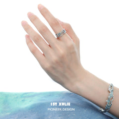 1ST XULIE "THE SEA" Statement Convertible Chain Ring & Bracelet Set in 925 Sterling Silver - Bracelet On Model Side View