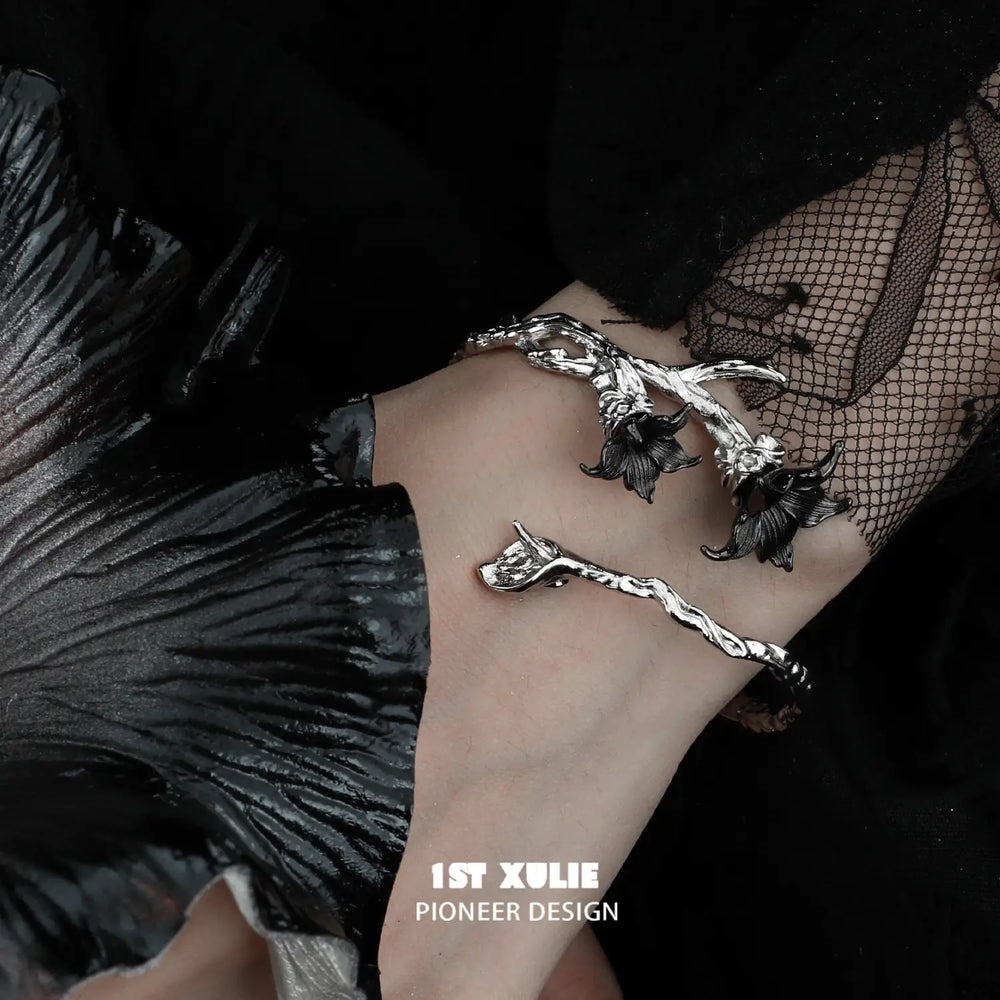 1ST XULIE "Bloody Datura" Statement Datura Flower Cuff Bracelet in Platinum Plated - Side View