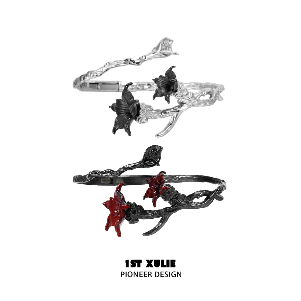 1ST XULIE "Bloody Datura" Statement Datura Flower Cuff Bracelet in Platinum Plated - Detail Shot