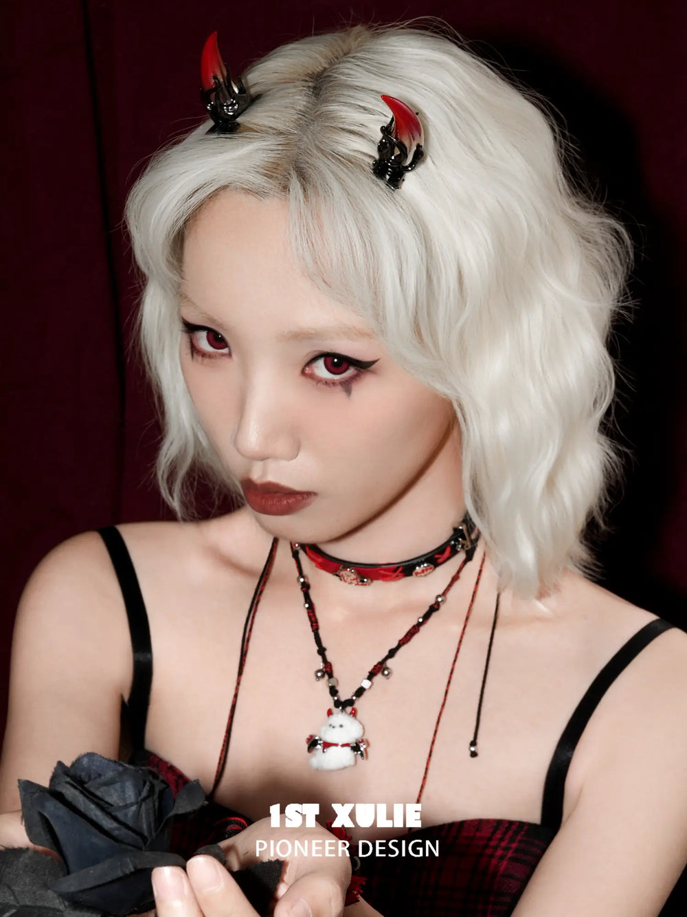 1ST XULIE "DEMON CUTIES" Statement Devil Horn Hair Clips in Plated Brass - Lifestyle Shot