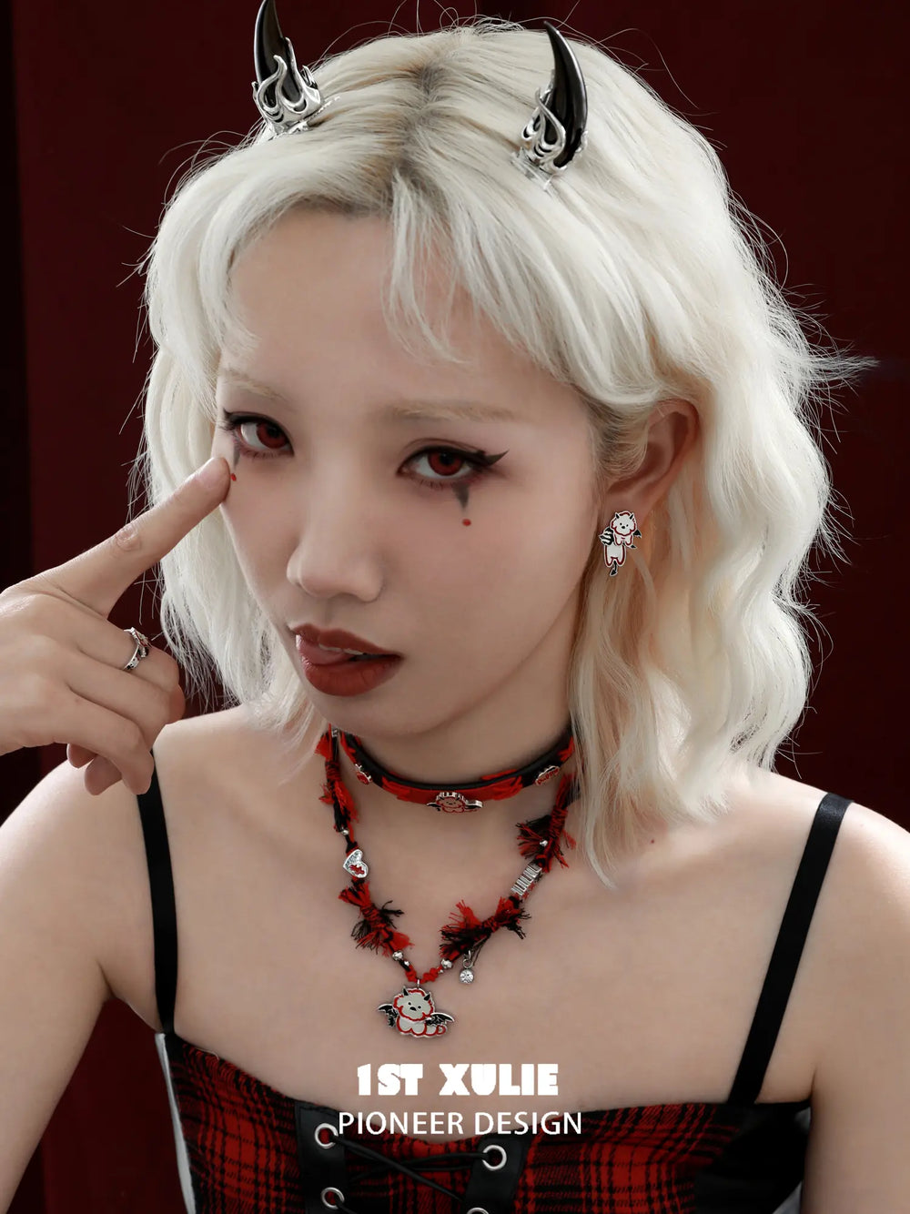 1ST XULIE "DEMON CUTIES" Statement Devil Horn Hair Clips in Plated Brass - On Model