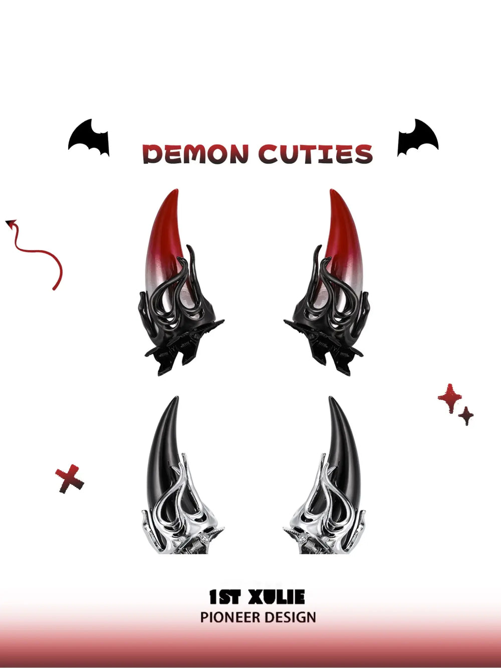 1ST XULIE "DEMON CUTIES" Statement Devil Horn Hair Clips in Plated Brass - Texture Shot