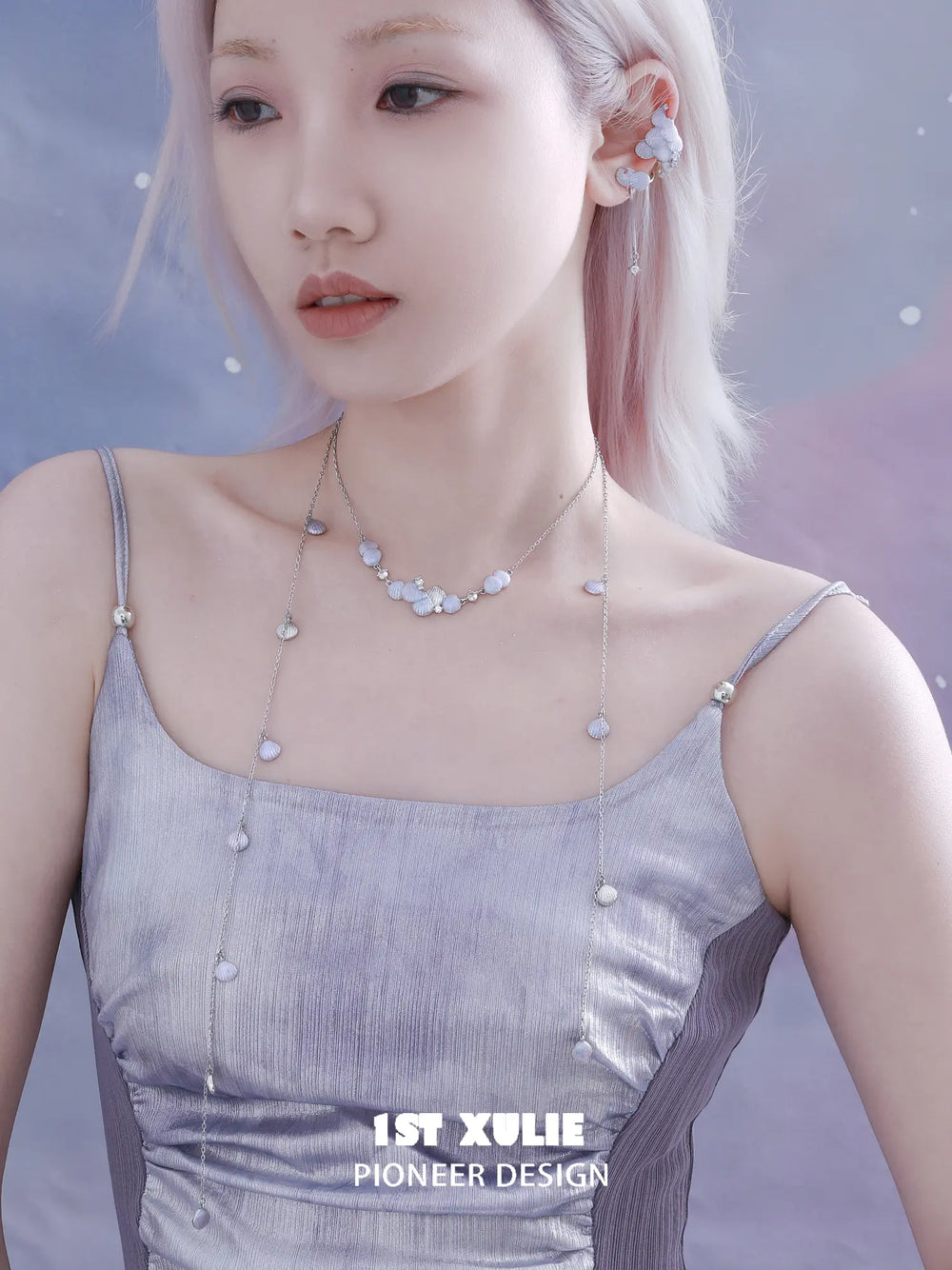 1ST XULIE Jewelry "ATLANTIS" Statement Fish Scale Lariat Necklace in Platinum Plated - Detail Shot