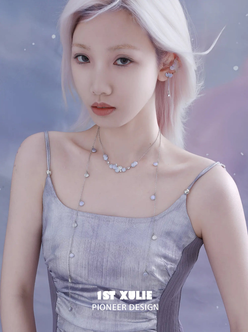 1ST XULIE Jewelry "ATLANTIS" Statement Fish Scale Lariat Necklace in Platinum Plated - Side View