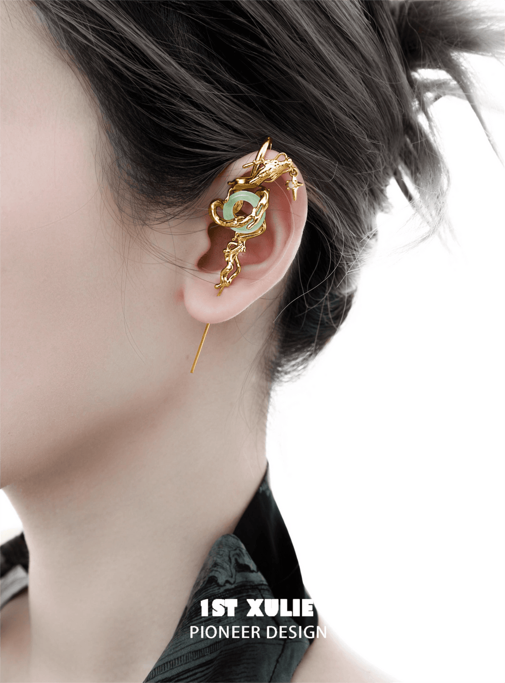 1ST XULIE "Loong" Statement Flowing Dragon Dangle Earrings in Platinum Plated - Detail Shot