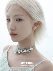 1ST XULIE "Taboo Rose" Statement Knitted Rose Choker Necklace in Platinum Plated - Detail Shot