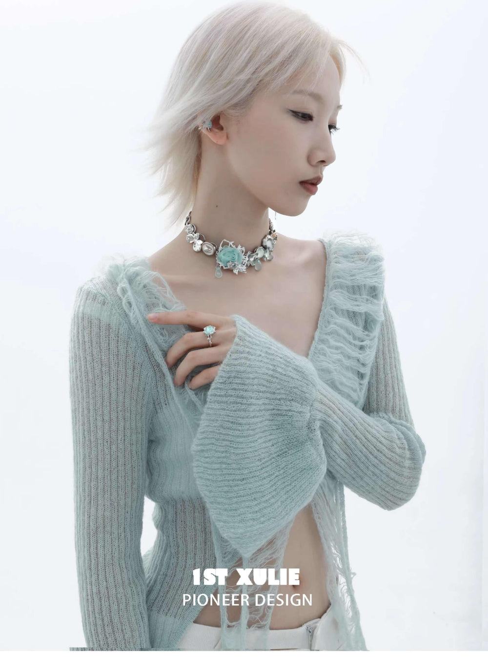 1ST XULIE "Taboo Rose" Statement Knitted Rose Choker Necklace in Platinum Plated - Lifestyle Shot