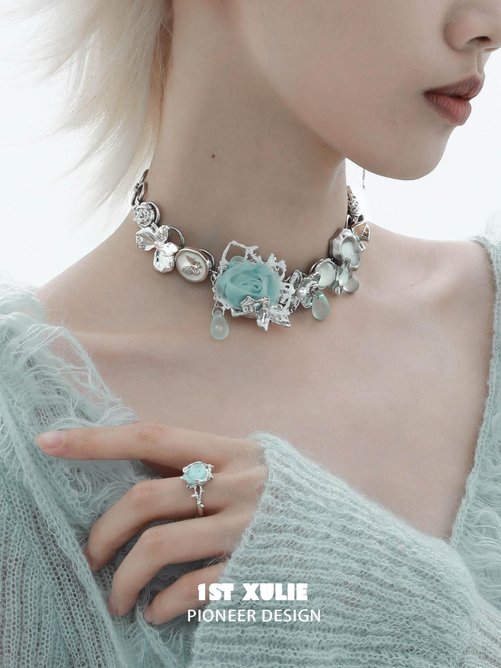1ST XULIE "Taboo Rose" Statement Knitted Rose Choker Necklace in Platinum Plated - Product View