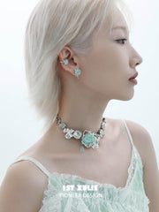 1ST XULIE "Taboo Rose" Statement Knitted Rose Choker Necklace in Platinum Plated - On Model Close Up