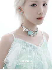 1ST XULIE "Taboo Rose" Statement Knitted Rose Choker Necklace in Platinum Plated - Full Product View