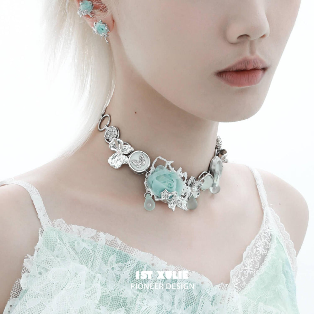 1ST XULIE "Taboo Rose" Statement Knitted Rose Choker Necklace in Platinum Plated - Side View