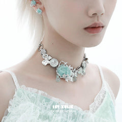 1ST XULIE "Taboo Rose" Statement Knitted Rose Choker Necklace in Platinum Plated - Side View