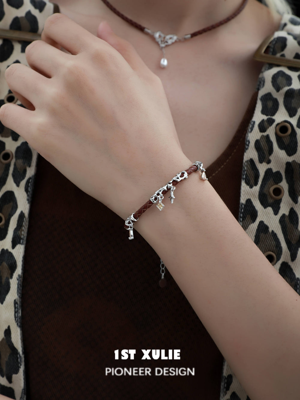 1ST XULIE "Rose Believer" Statement Leather Tassel Bangle in 925 Sterling Silver - Lifestyle Shot