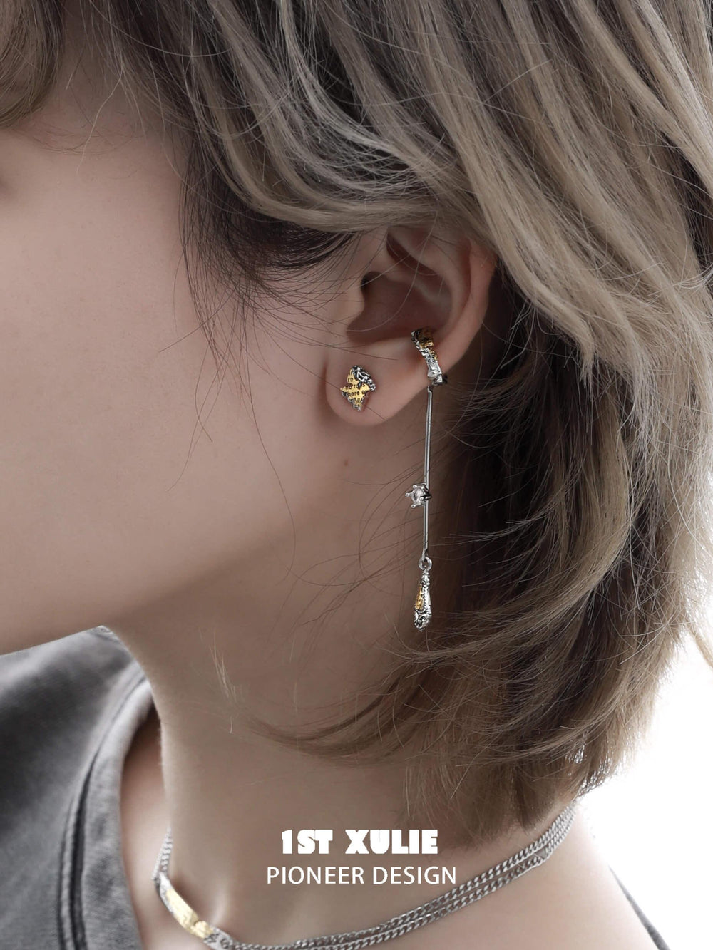1ST XULIE "Immortal Lover" Statement Love Letter Tassel Dangle Ear Cuffs in Platinum Plated - Detail Shot