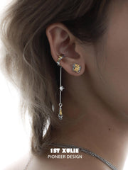 1ST XULIE "Immortal Lover" Statement Love Letter Tassel Dangle Ear Cuffs in Platinum Plated - On Model