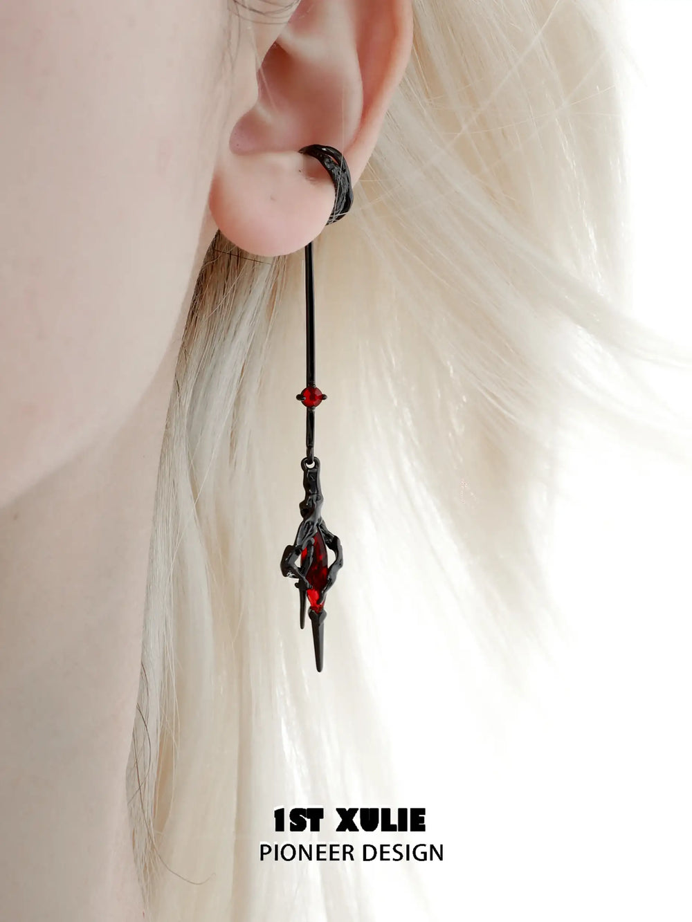 1ST XULIE "Star Trails" Statement Moissanite Tassel Dangle Ear Cuffs in 24K Gold Plated - Detail Shot