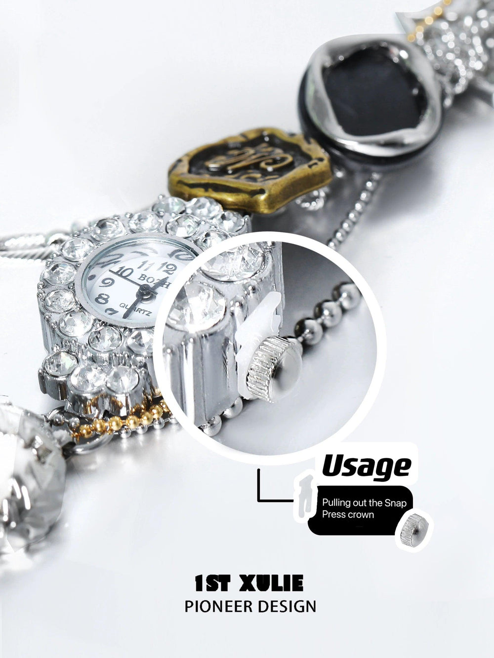 1ST XULIE "Immortal Lover" Statement Moissanite Watch Choker Necklace in Platinum Plated - Side View