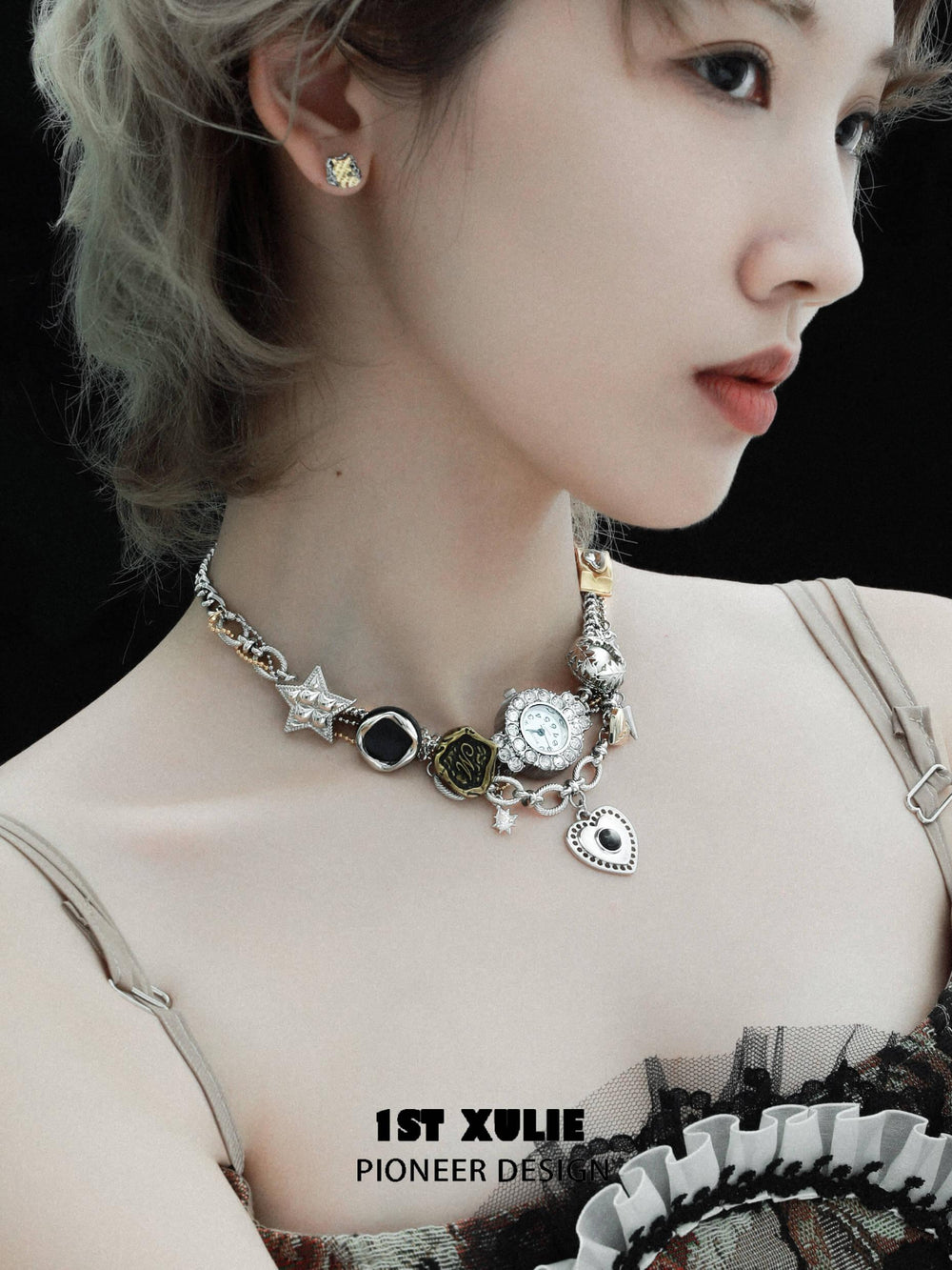 1ST XULIE "Immortal Lover" Statement Moissanite Watch Choker Necklace in Platinum Plated - Detail Shot
