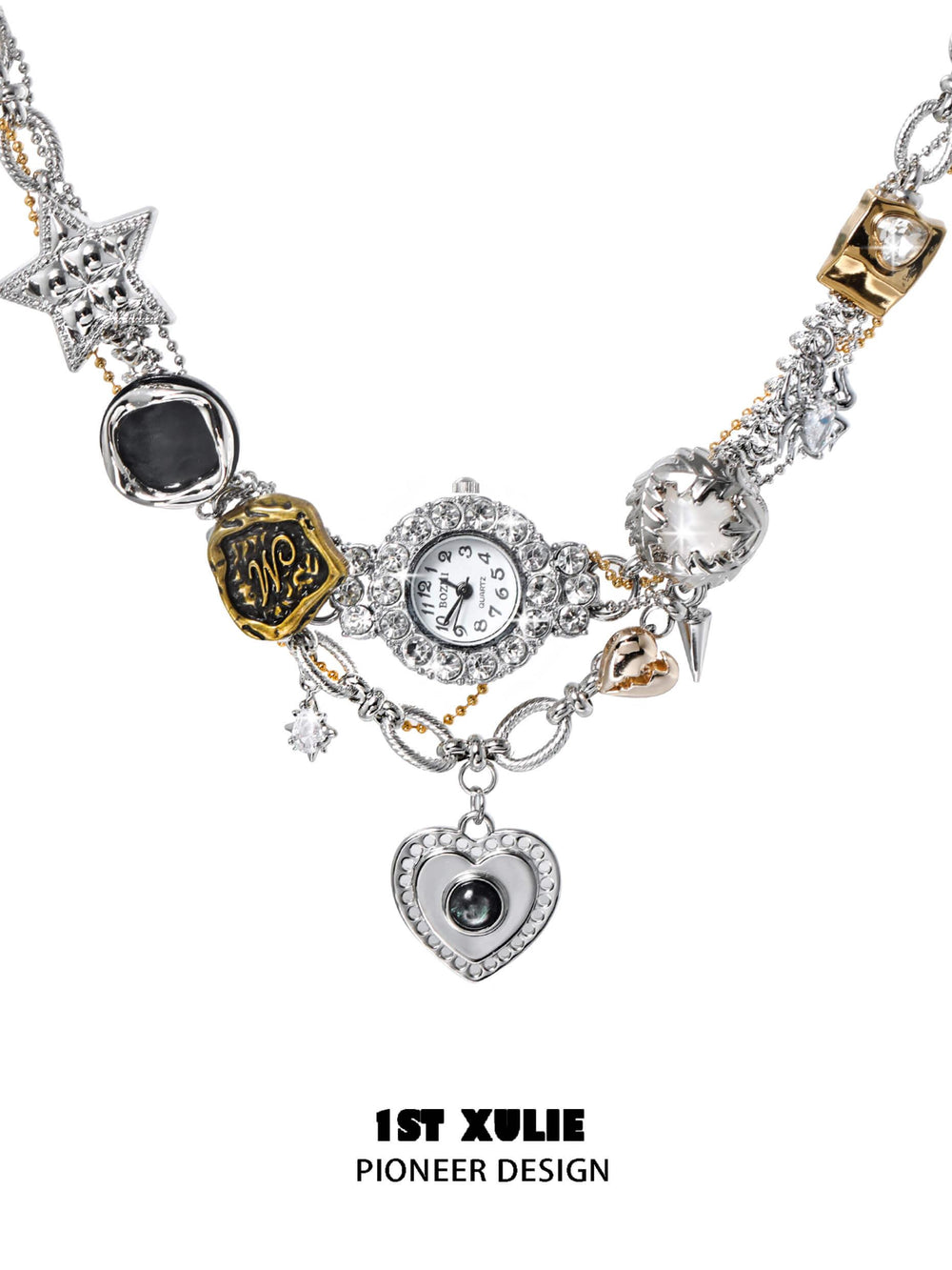 1ST XULIE "Immortal Lover" Statement Moissanite Watch Choker Necklace in Platinum Plated - On Model