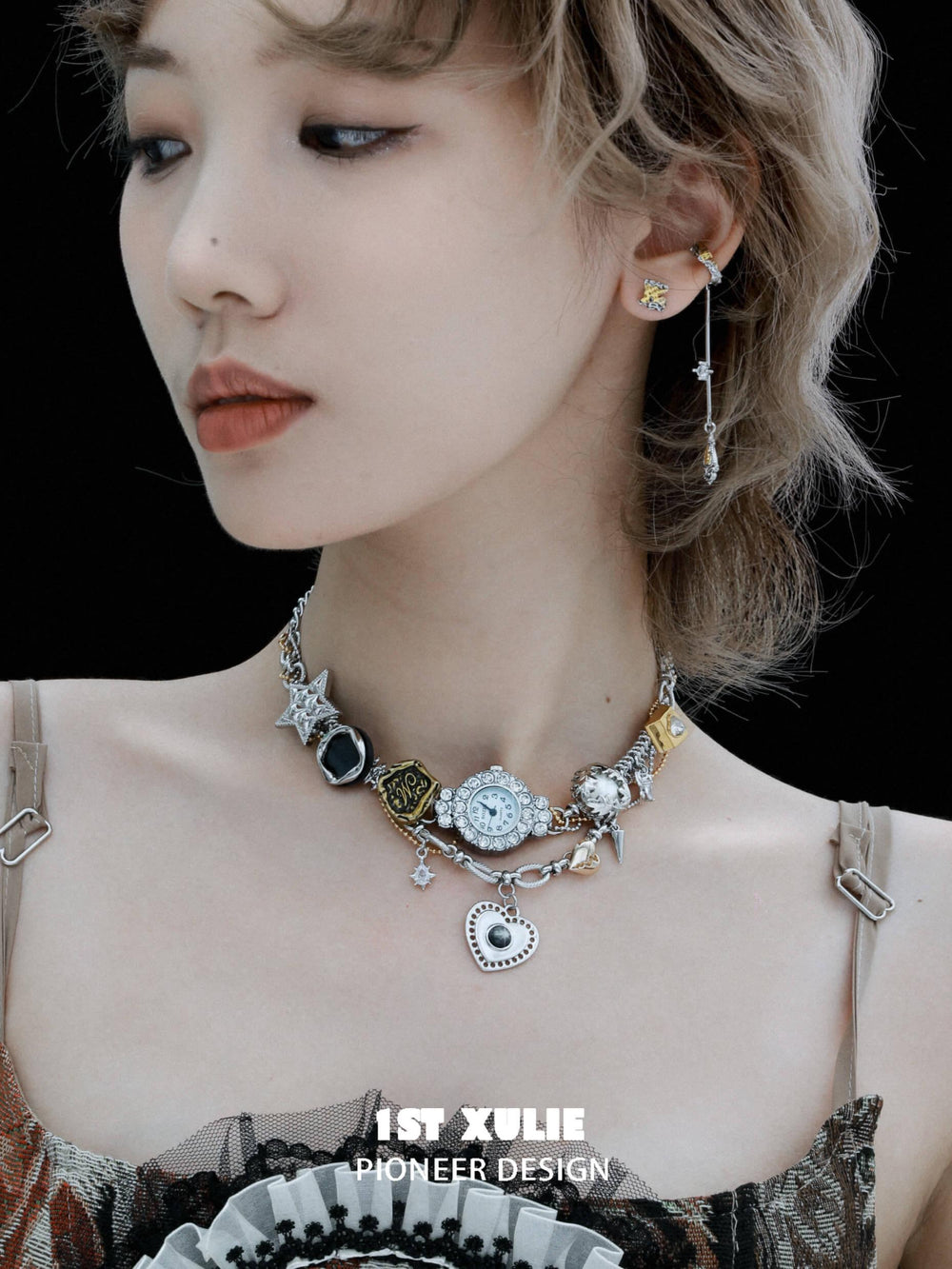 1ST XULIE "Immortal Lover" Statement Moissanite Watch Choker Necklace in Platinum Plated - On Model Close-up