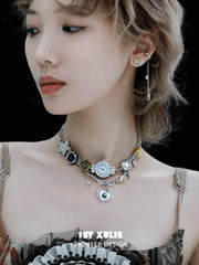 1ST XULIE "Immortal Lover" Statement Moissanite Watch Choker Necklace in Platinum Plated - On Model Close-up