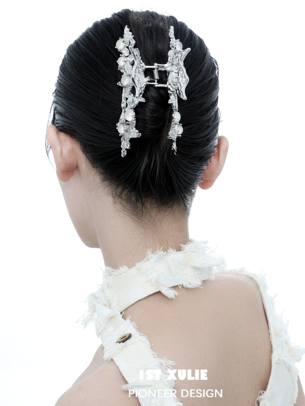 1ST XULIE "Day Dream" Statement Natural White Agate Hair Claw in 24K Gold & Platinum - Angled Product View