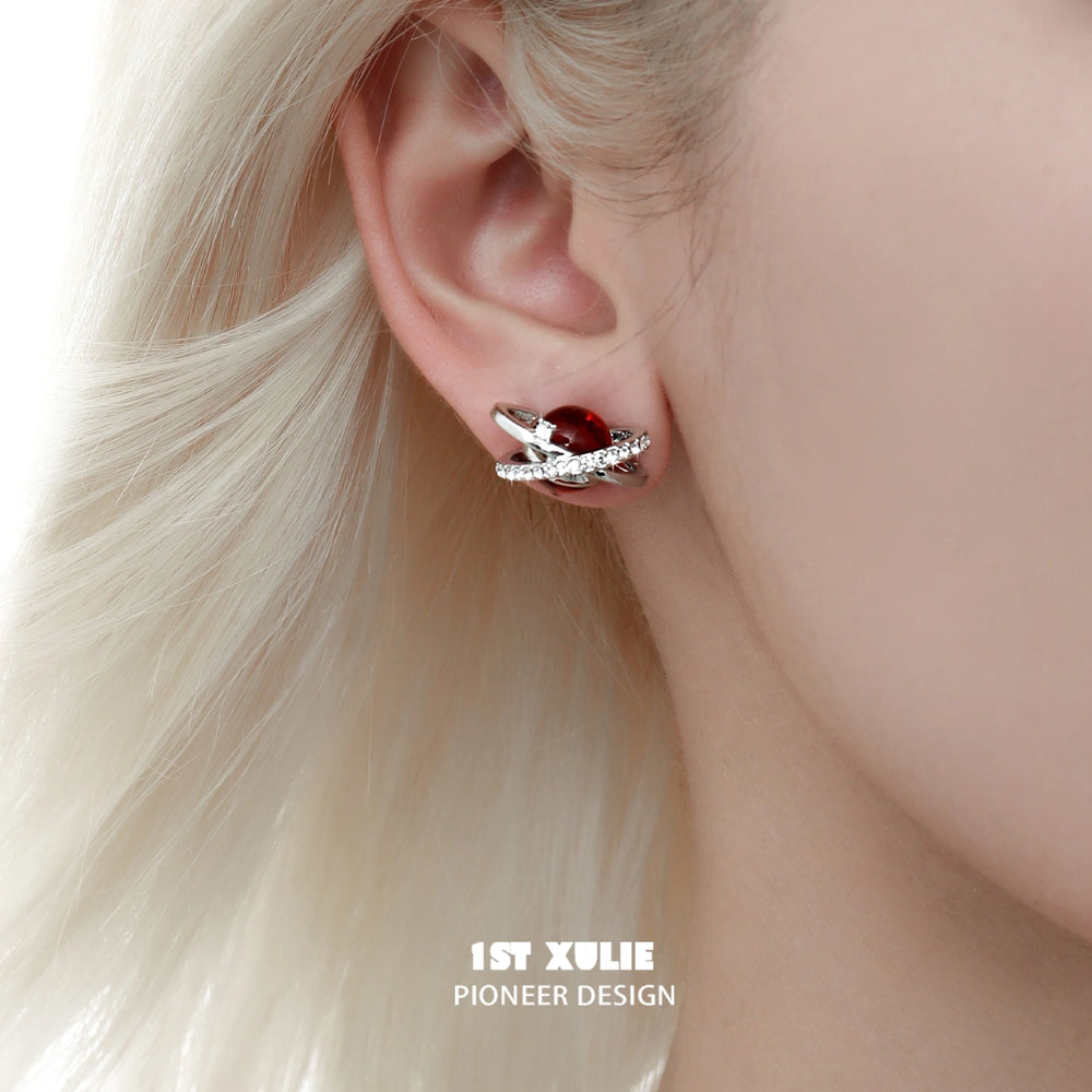 1ST XULIE "Red Nebula" Statement Stud Earrings in Platinum Plated Brass - Angled View