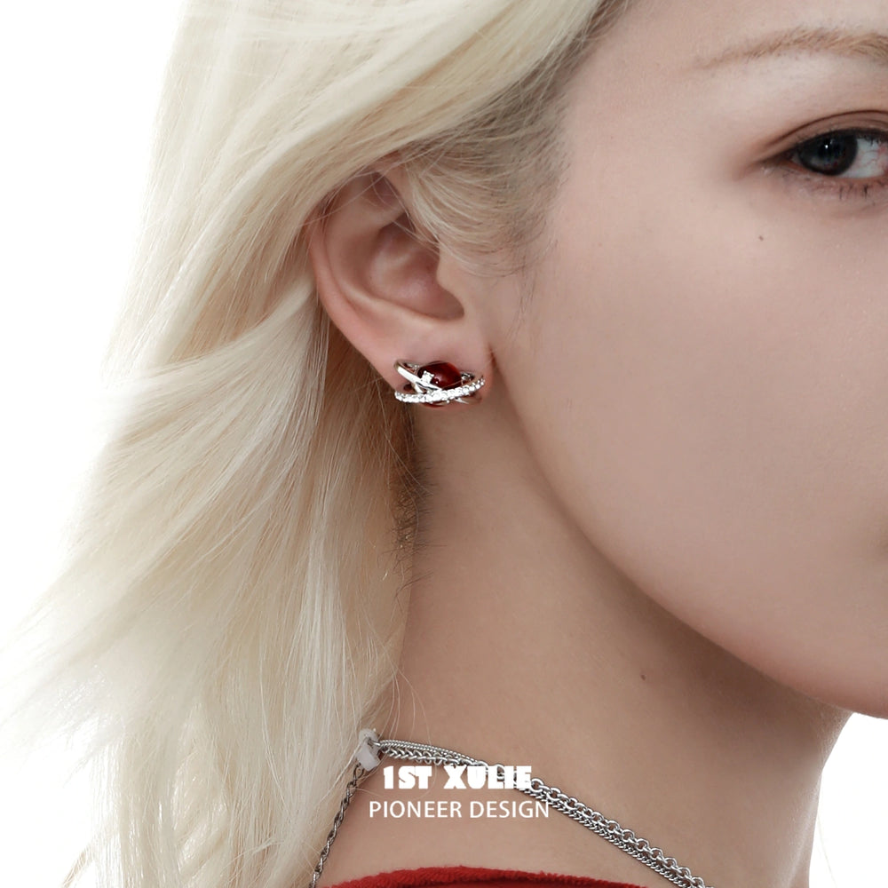 1ST XULIE "Red Nebula" Statement Stud Earrings in Platinum Plated Brass - Detail Shot