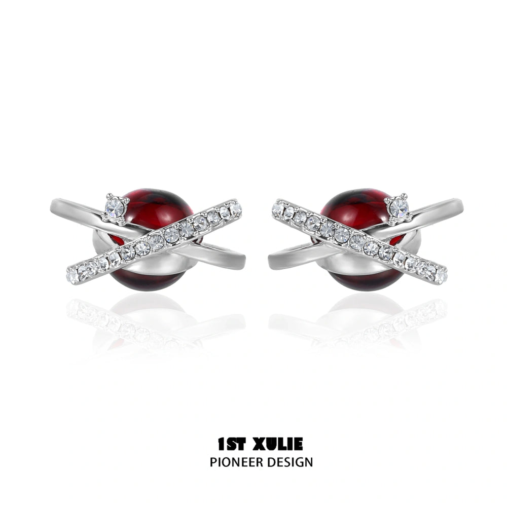 1ST XULIE "Red Nebula" Statement Stud Earrings in Platinum Plated Brass - Product View