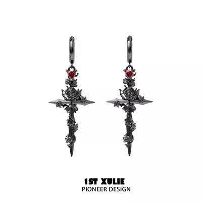 1ST XULIE "Taboo Rose" Statement Rose Sword Dangle Earrings in Platinum Plated - Back View