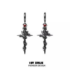 1ST XULIE "Taboo Rose" Statement Rose Sword Dangle Earrings in Platinum Plated - Back View